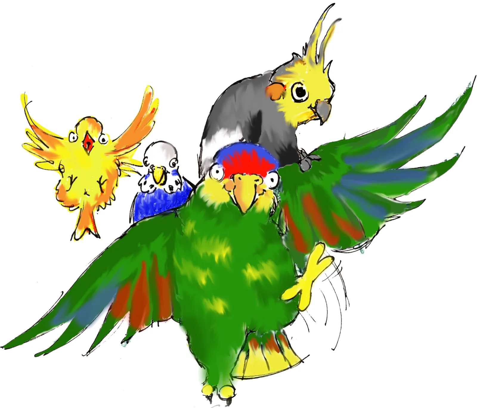 Vier tanzende Vögel